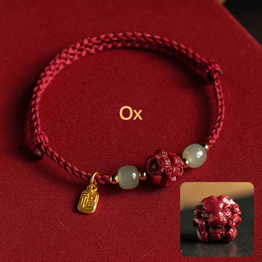 Bracelet de chance en ficelle rouge avec caractère Fu en jade Hetian du zodiaque chinois et cinabre naturel, trésor oriental - cadeau pour elle/lui