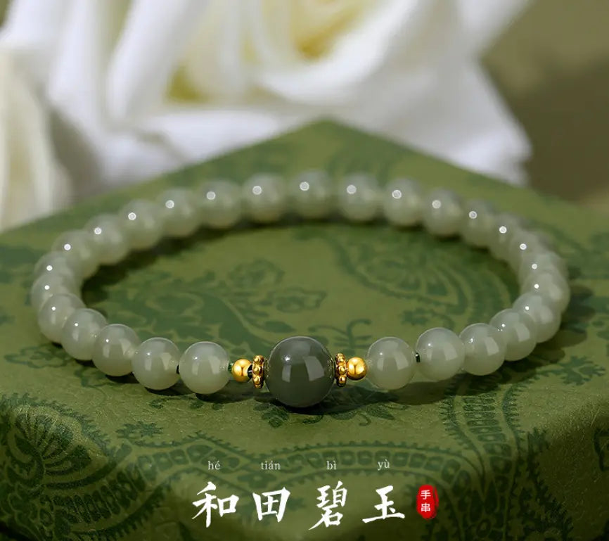 Oriental Treasure 925 Sterling Silver He Tian Green Jade Luck Bracelet Adjustable