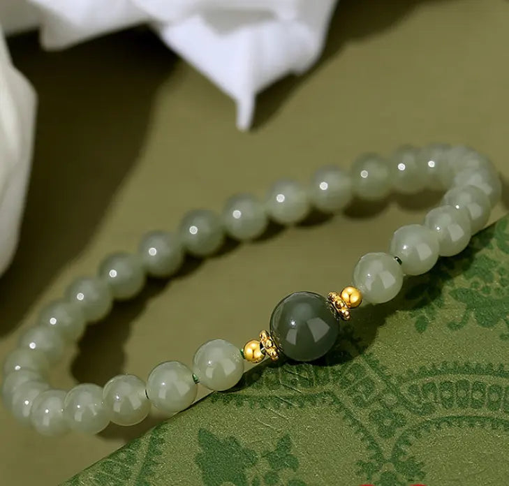 Oriental Treasure 925 Sterling Silver He Tian Green Jade Luck Bracelet Adjustable