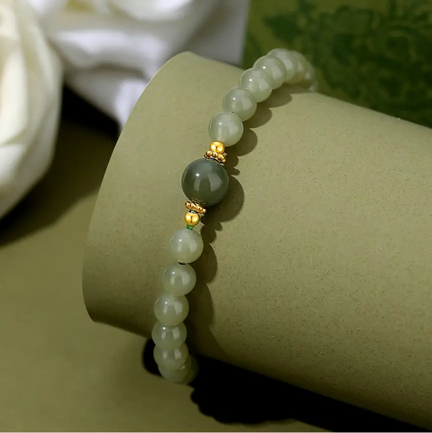 Oriental Treasure 925 Sterling Silver He Tian Green Jade Luck Bracelet Adjustable