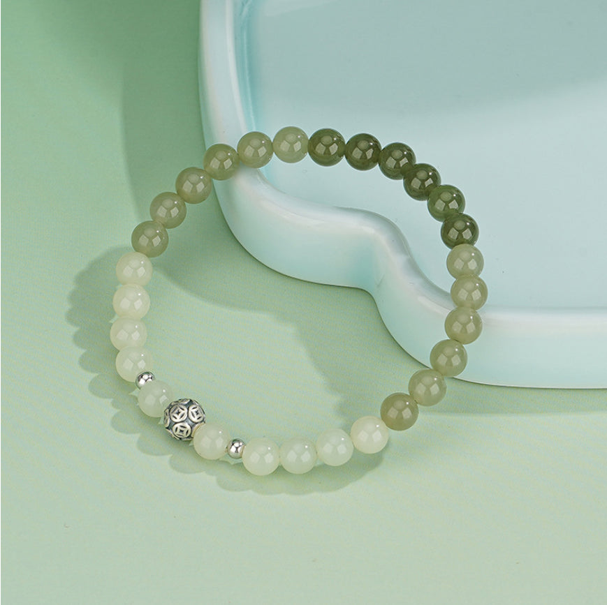 Oriental Treasure He Tian Green Jade Bracelet 925 Sterling Silver Natural Jade Protection Bracelet Adjustable