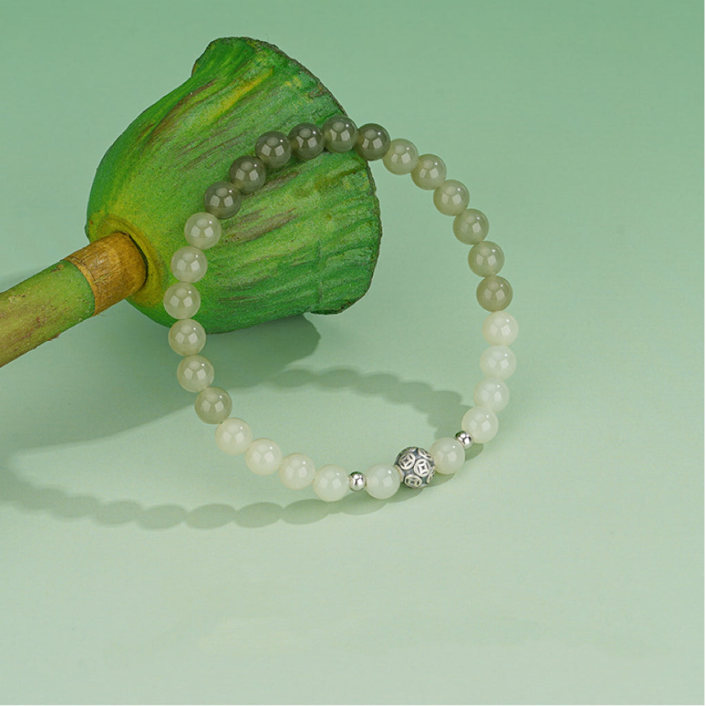 Oriental Treasure He Tian Green Jade Bracelet 925 Sterling Silver Natural Jade Protection Bracelet Adjustable