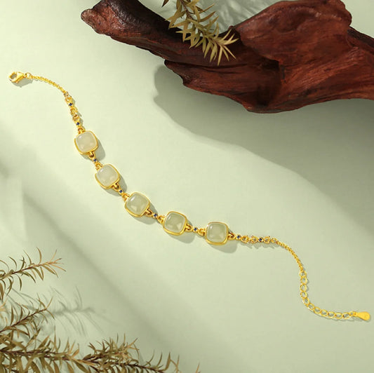 Bracelet de Jade Naturel Trésor Oriental 925 Argent Sterling He Tian Jade Bracelet de Jade Carré Chance Corde Dorée Réglable