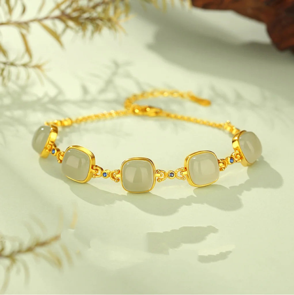 Oriental Treasure Natural Jade Bracelet 925 Sterling Silver He Tian Jade Luck Square Jade Bracelet Golden Rope Adjustable