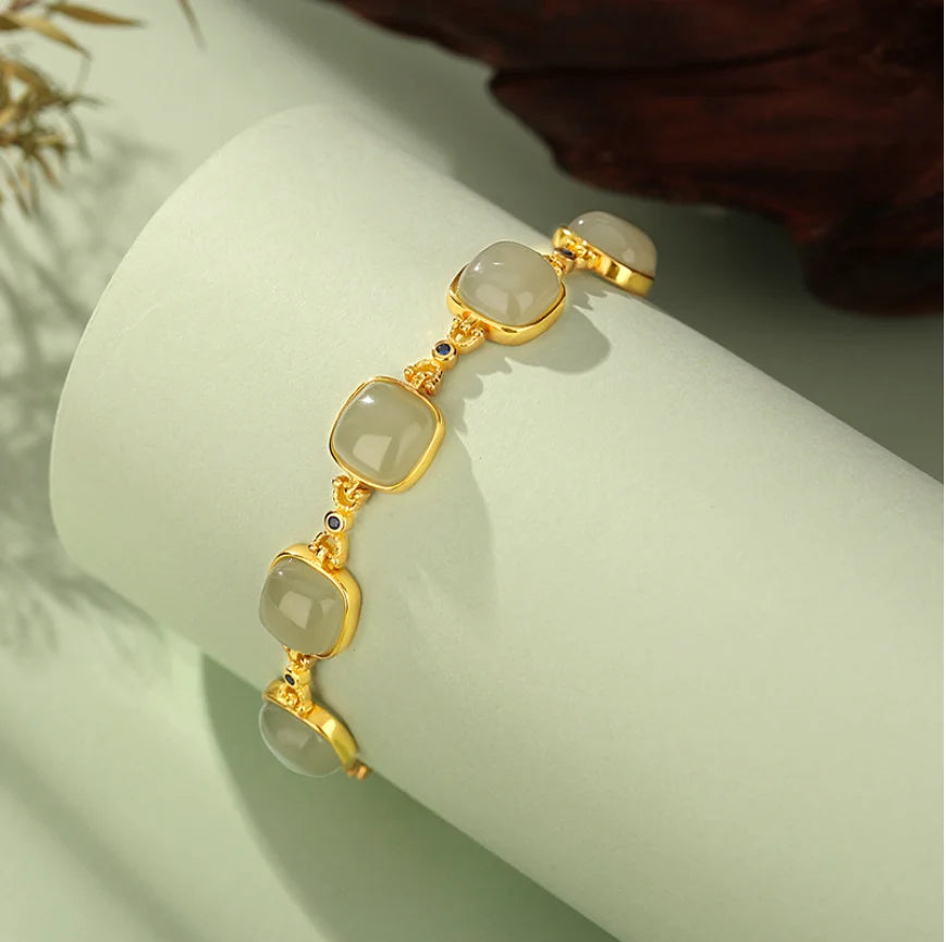 Oriental Treasure Natural Jade Bracelet 925 Sterling Silver He Tian Jade Luck Square Jade Bracelet Golden Rope Adjustable