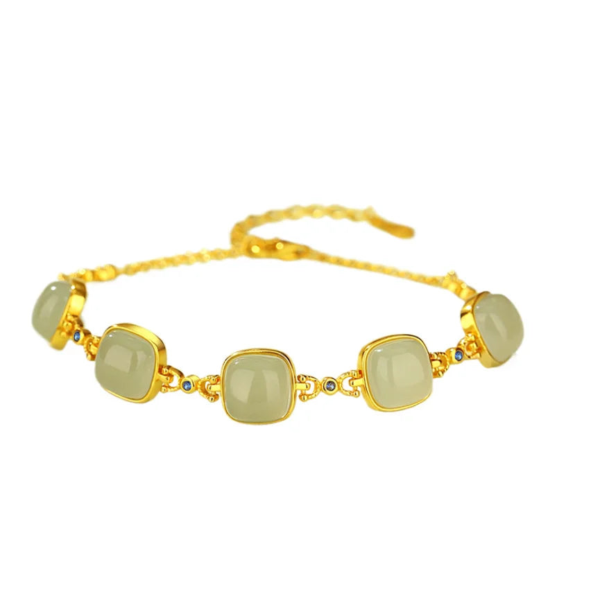 Oriental Treasure Natural Jade Bracelet 925 Sterling Silver He Tian Jade Luck Square Jade Bracelet Golden Rope Adjustable