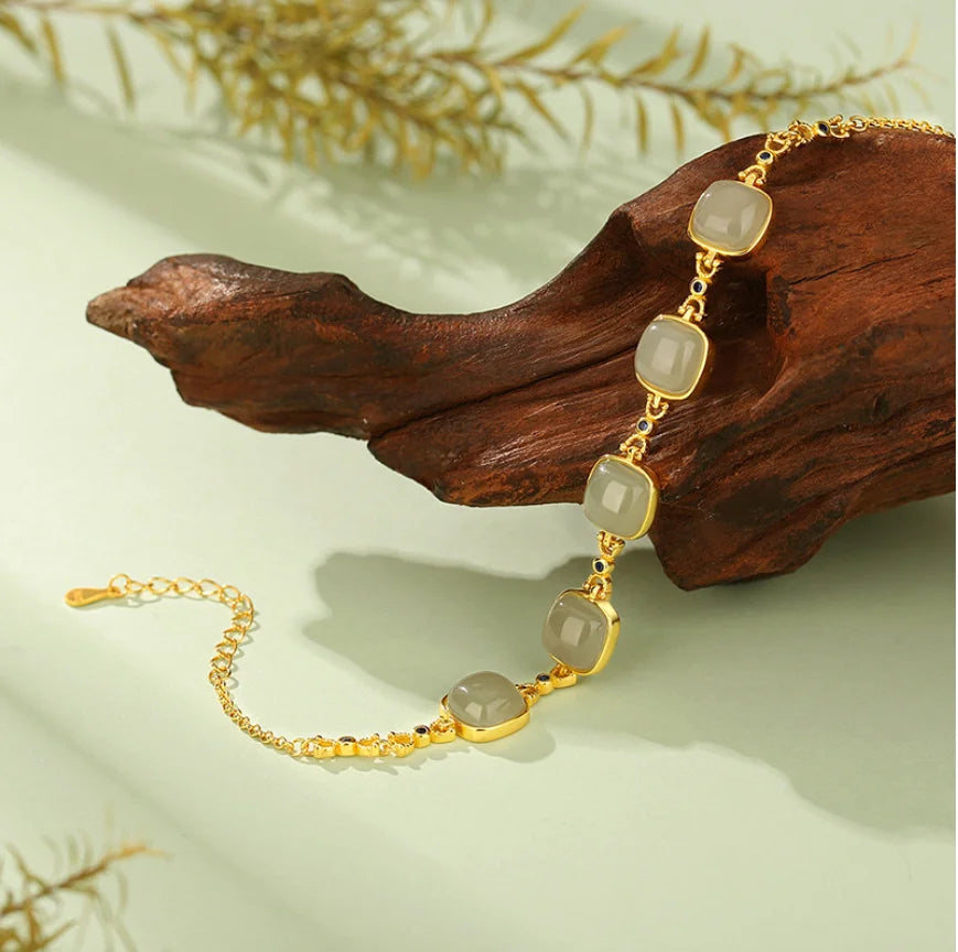 Oriental Treasure Natural Jade Bracelet 925 Sterling Silver He Tian Jade Luck Square Jade Bracelet Golden Rope Adjustable