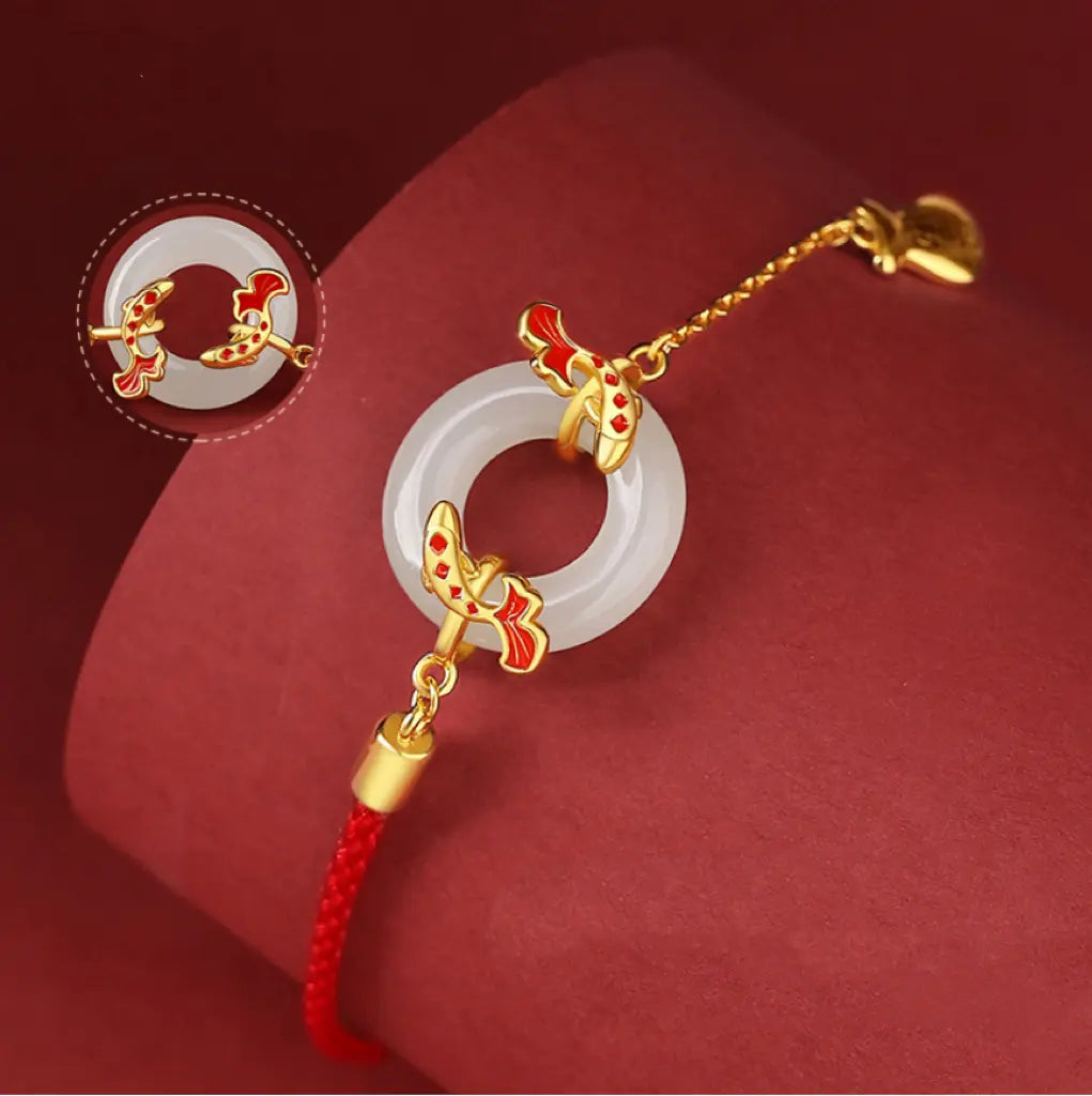 Oriental Treasure Peace Knot Red String Bracelet 999 Sterling Silver He Tian Jade Bracelet KOI FISH Golden Rope Adjustable