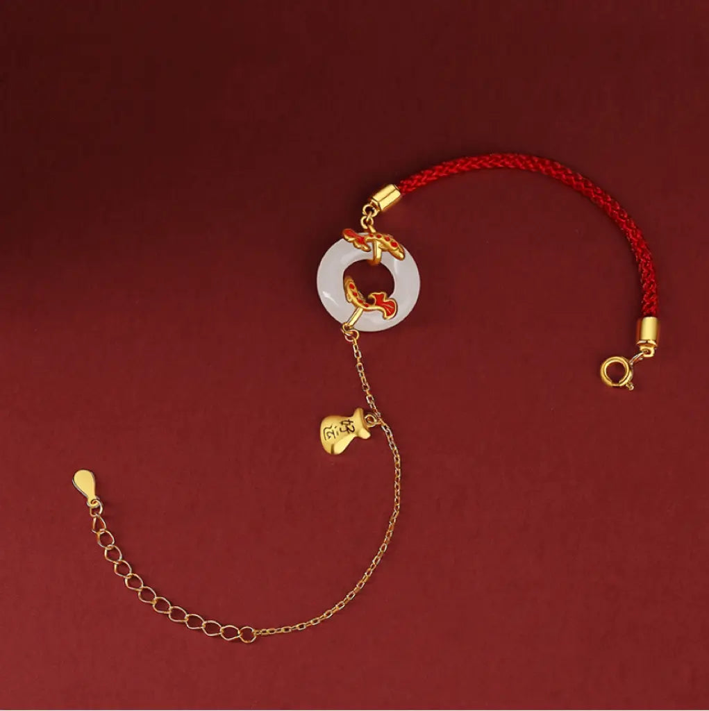 Oriental Treasure Peace Knot Red String Bracelet 999 Sterling Silver He Tian Jade Bracelet KOI FISH Golden Rope Adjustable