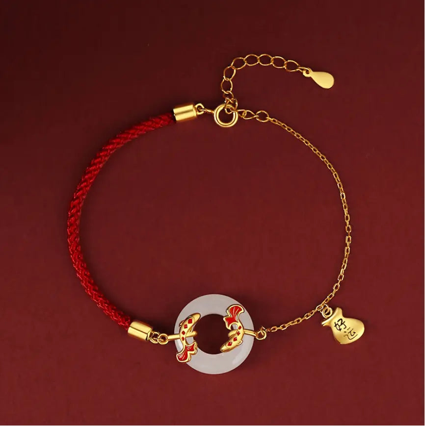 Oriental Treasure Peace Knot Red String Bracelet 999 Sterling Silver He Tian Jade Bracelet KOI FISH Golden Rope Adjustable
