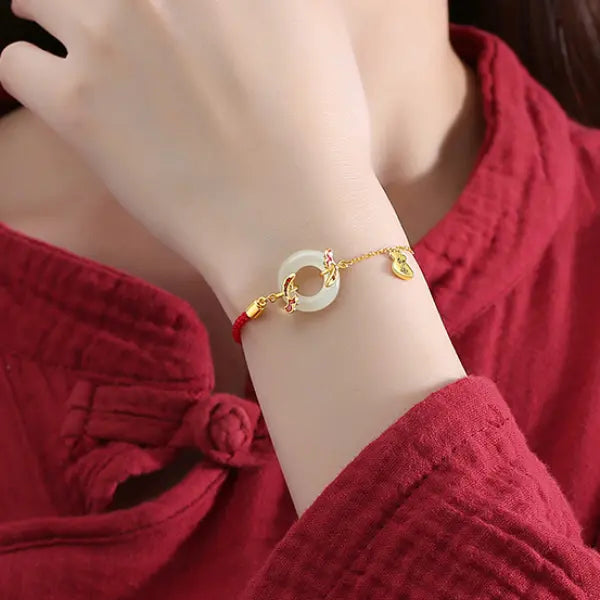 Oriental Treasure Peace Knot Red String Bracelet 999 Sterling Silver He Tian Jade Bracelet KOI FISH Golden Rope Adjustable