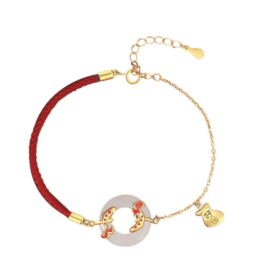 Bracelet de Paix Nœud Oriental Trésor Corde Rouge 999 Argent Sterling Bracelet de Jade He Tian Poisson Koi Corde Dorée Réglable