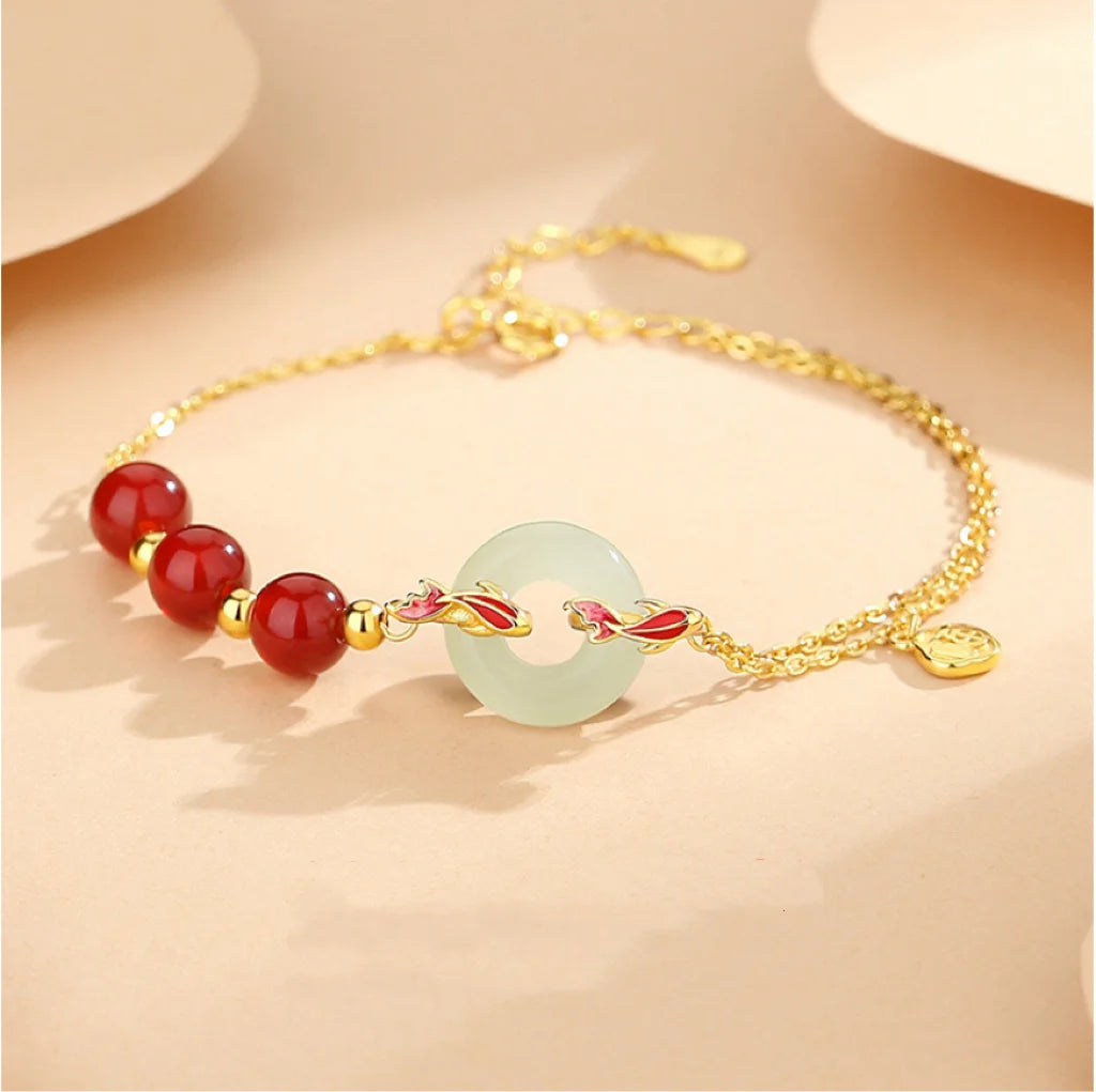 Oriental Treasure Peace Knot Agate Bracelet He Tian Jade Bracelet KOI FISH Golden Rope Adjustable 925 Sterling Silver