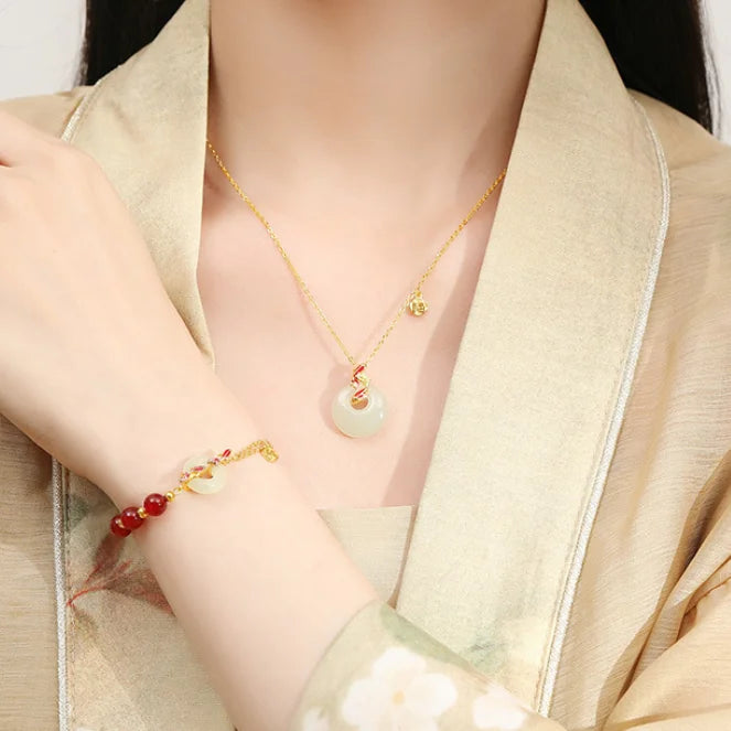Oriental Treasure Peace Knot Agate Bracelet He Tian Jade Bracelet KOI FISH Golden Rope Adjustable 925 Sterling Silver