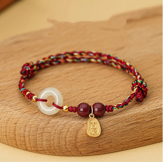 Bracelet Trésor Oriental Poisson Koi Nœud de Paix Rouge Bracelet en Argent Sterling 925 Bracelet en Jade He Tian Réglable