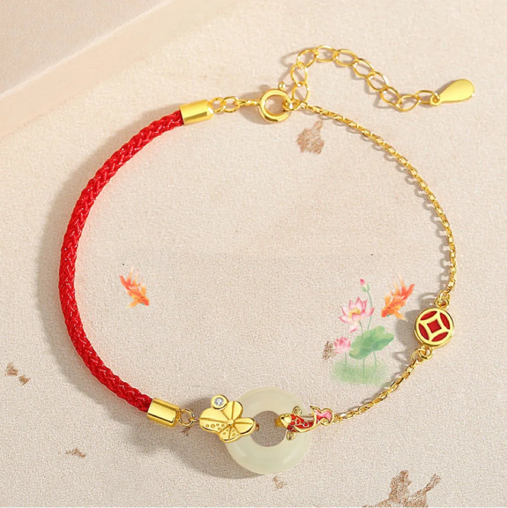 Oriental Treasure Peace Knot Red String Bracelet He Tian Jade Bracelet KOI FISH 925 Sterling Silver Adjustable