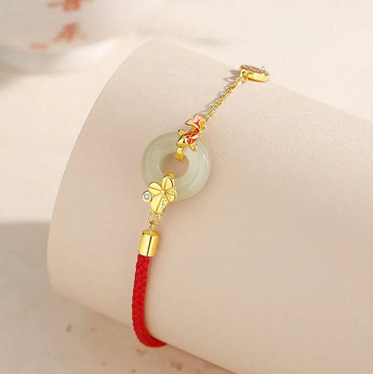 Bracelet à Nœud de la Paix Trésor Oriental Corde Rouge Bracelet de Jade He Tian Poisson KOI Argent Sterling 925 Réglable