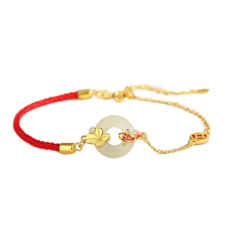 Oriental Treasure Peace Knot Red String Bracelet He Tian Jade Bracelet KOI FISH 925 Sterling Silver Adjustable