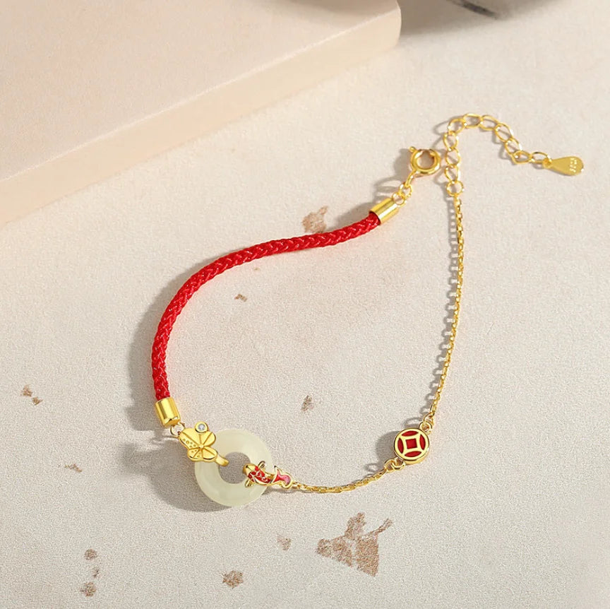 Oriental Treasure Peace Knot Red String Bracelet He Tian Jade Bracelet KOI FISH 925 Sterling Silver Adjustable