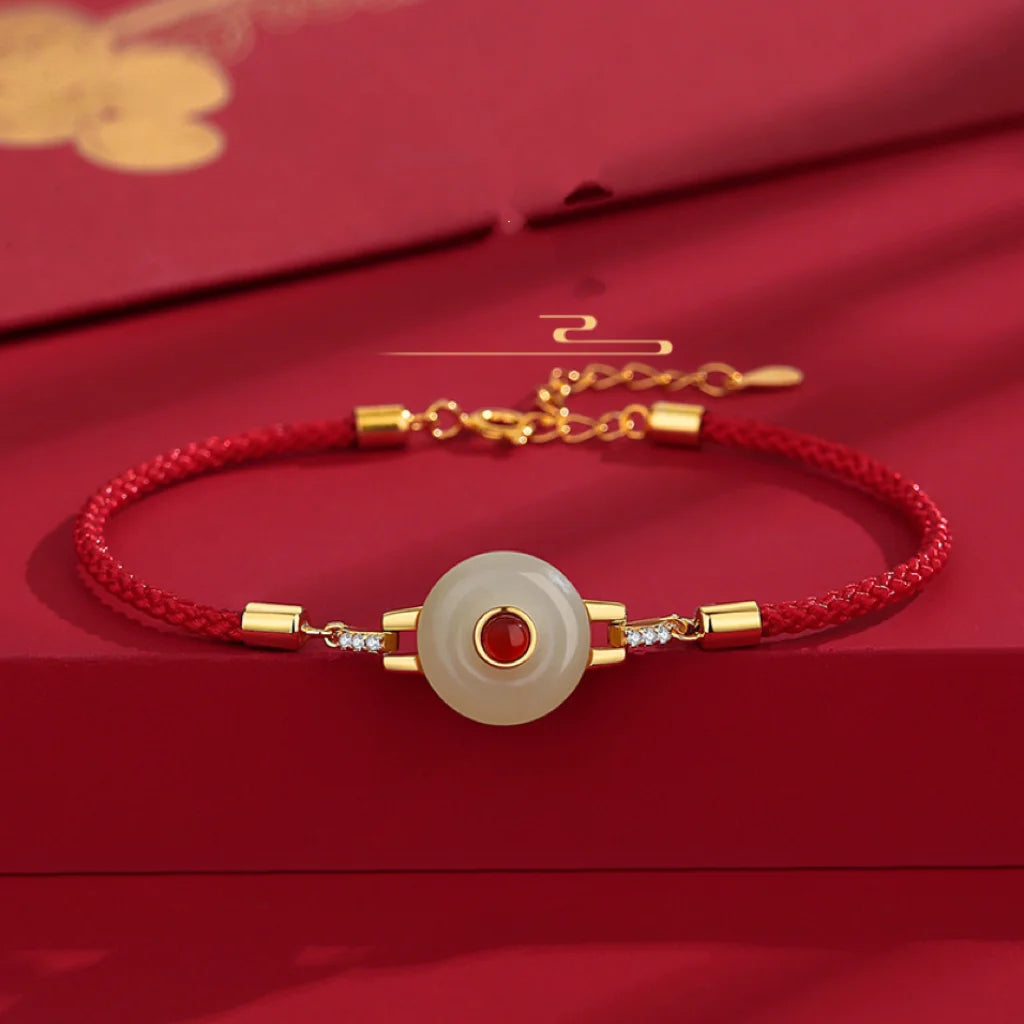 Oriental Treasure Peace Knot Agate Bracelet He Tian Jade Bracelet Red String Bracelet Adjustable 925 Sterling Silver