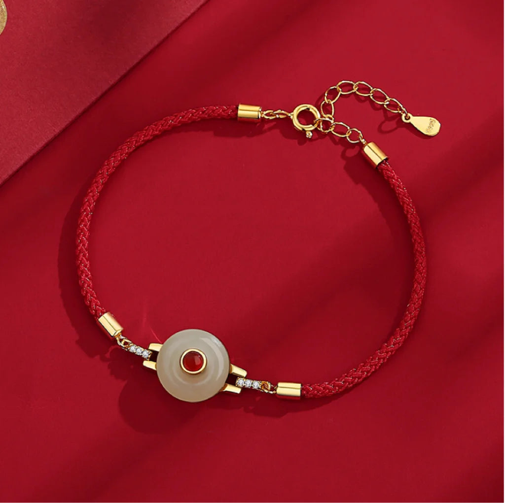 Oriental Treasure Peace Knot Agate Bracelet He Tian Jade Bracelet Red String Bracelet Adjustable 925 Sterling Silver
