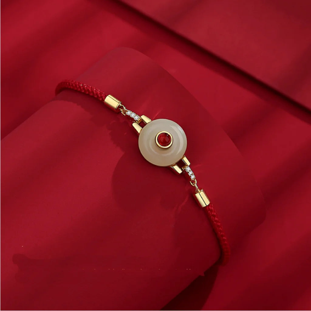 Oriental Treasure Peace Knot Agate Bracelet He Tian Jade Bracelet Red String Bracelet Adjustable 925 Sterling Silver