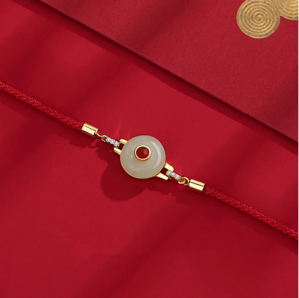 Oriental Treasure Peace Knot Agate Bracelet He Tian Jade Bracelet Red String Bracelet Adjustable 925 Sterling Silver
