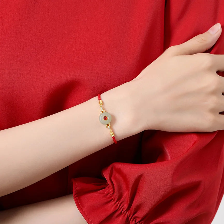 Oriental Treasure Peace Knot Agate Bracelet He Tian Jade Bracelet Red String Bracelet Adjustable 925 Sterling Silver
