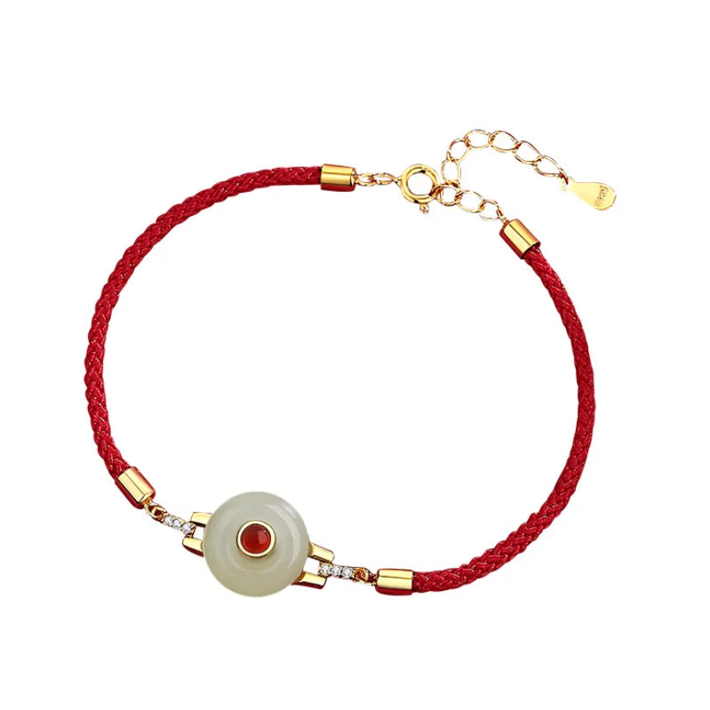 Oriental Treasure Peace Knot Agate Bracelet He Tian Jade Bracelet Red String Bracelet Adjustable 925 Sterling Silver