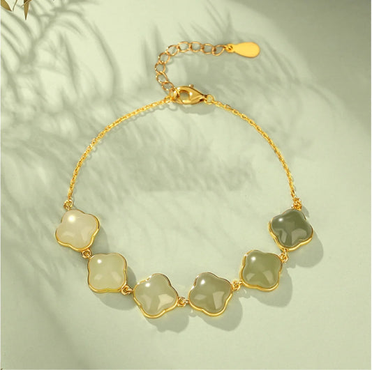 Bracelet de Jade Naturel Hetian Trésor Oriental Bracelet de Jade Trèfle à Quatre Feuilles 925 Argent Massif Corde Dorée Réglable