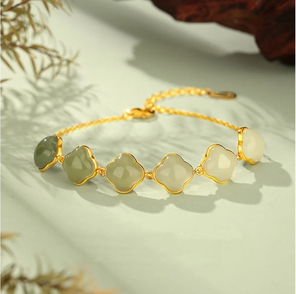 Oriental Treasure Natural Hetian Jade Bracelet Four-Leaf Clover Jade Bracelet 925 Sterling Silver Golden Rope Adjustable