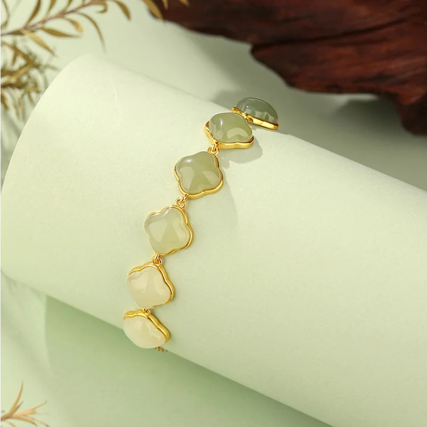 Oriental Treasure Natural Hetian Jade Bracelet Four-Leaf Clover Jade Bracelet 925 Sterling Silver Golden Rope Adjustable