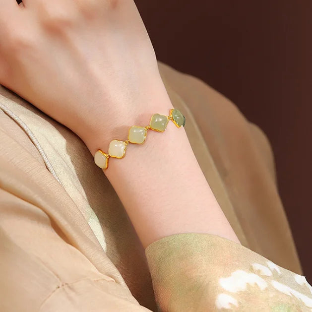 Oriental Treasure Natural Hetian Jade Bracelet Four-Leaf Clover Jade Bracelet 925 Sterling Silver Golden Rope Adjustable