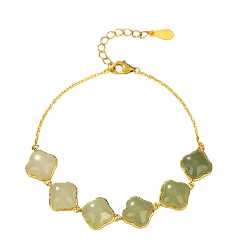 Oriental Treasure Natural Hetian Jade Bracelet Four-Leaf Clover Jade Bracelet 925 Sterling Silver Golden Rope Adjustable