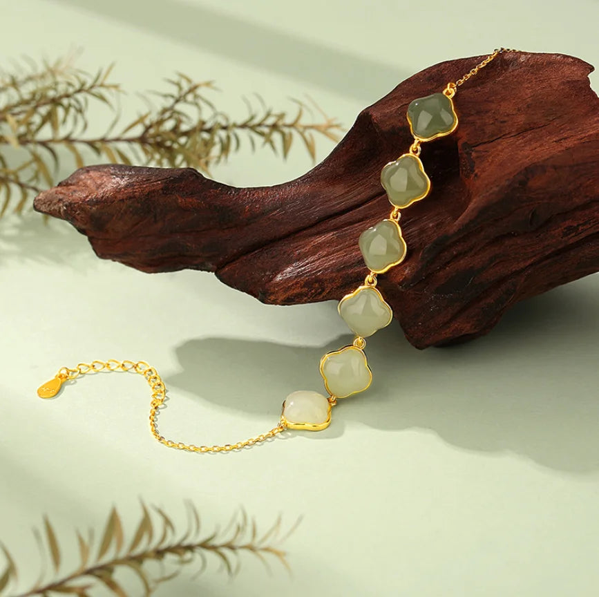 Oriental Treasure Natural Hetian Jade Bracelet Four-Leaf Clover Jade Bracelet 925 Sterling Silver Golden Rope Adjustable