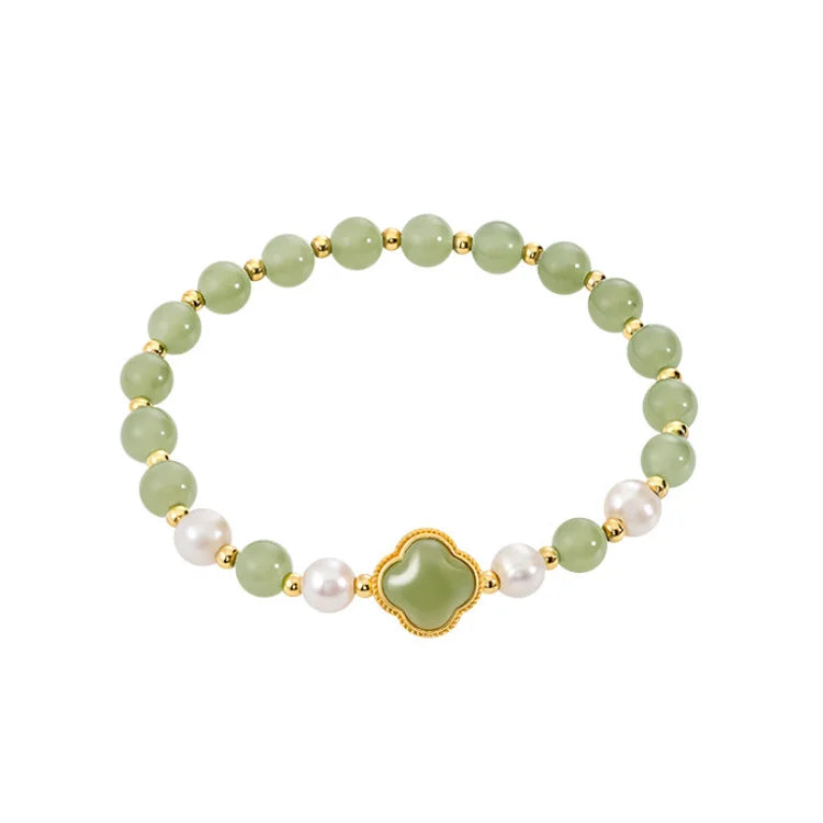 Bracelet de Jade Hetian Naturel en Quatre Feuilles de la Fortune Orientale avec Perles et Corde Réglable