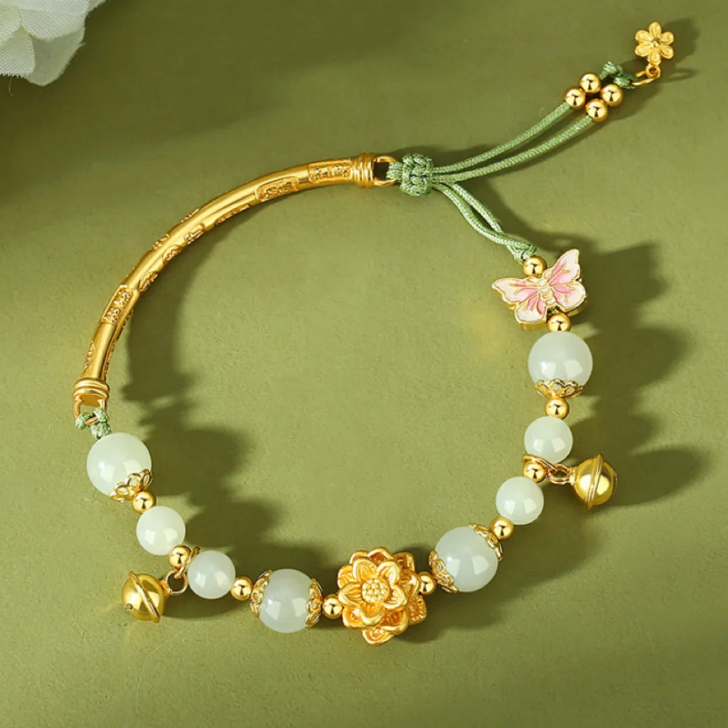 Oriental Treasure Lotus Jade Bracelet Natural Hetian Jade Bracelet 999 Sterling Silver Butterfly Golden Rope Adjustable