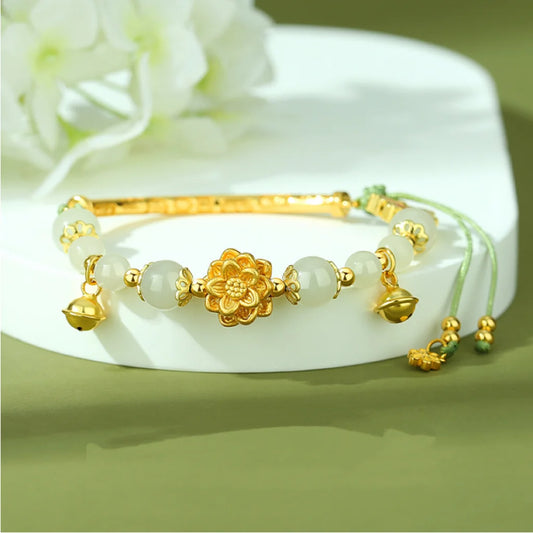 Bracelet de Lotus en Jade Oriental Trésor Naturel Hetian Jade Bracelet Argent 999 Papillon Corde Dorée Réglable