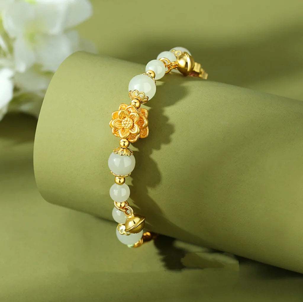 Oriental Treasure Lotus Jade Bracelet Natural Hetian Jade Bracelet 999 Sterling Silver Butterfly Golden Rope Adjustable