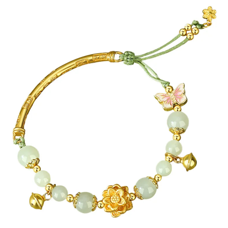 Oriental Treasure Lotus Jade Bracelet Natural Hetian Jade Bracelet 999 Sterling Silver Butterfly Golden Rope Adjustable