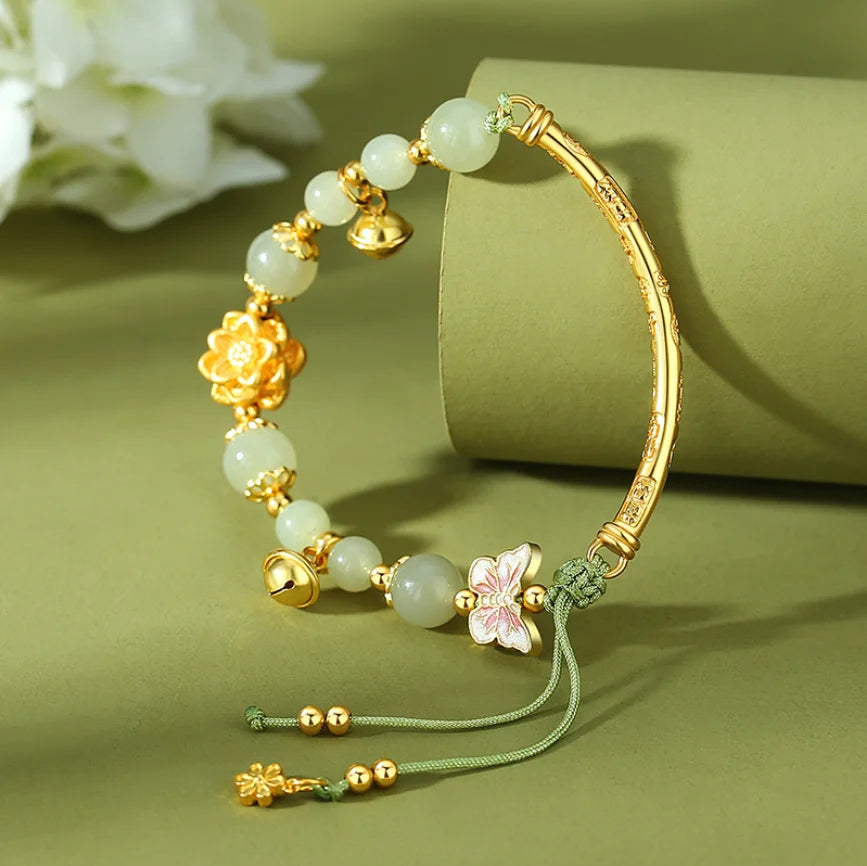 Oriental Treasure Lotus Jade Bracelet Natural Hetian Jade Bracelet 999 Sterling Silver Butterfly Golden Rope Adjustable
