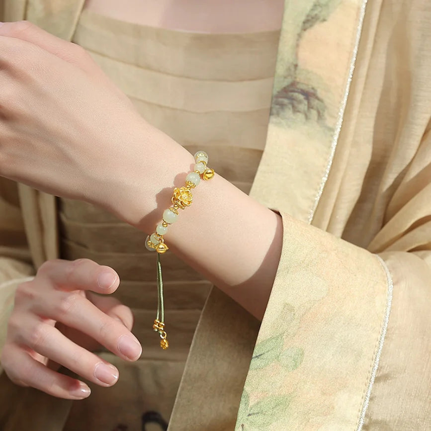 Oriental Treasure Lotus Jade Bracelet Natural Hetian Jade Bracelet 999 Sterling Silver Butterfly Golden Rope Adjustable