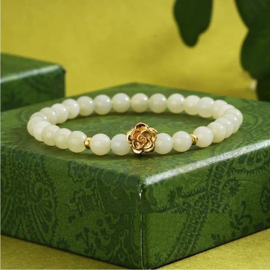 Bracelet de Lotus en Jade Oriental Trésor Naturel Hetian Jade Bracelet Argent 999 Papillon Corde Dorée Réglable
