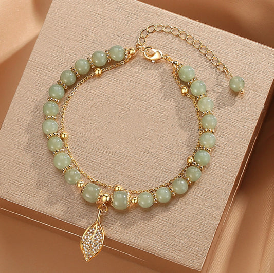 Bracelets en jade naturel trésor oriental avec chaîne en or, bracelet en jade de ginkgo biloba, bracelet à perles de cristal de jade, cadeau pour elle