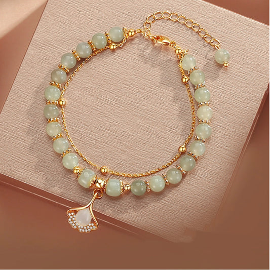 Bracelet de Ginkgo Biloba en Jade de Trésor Oriental, Bracelets en Chaîne Dorée en Jade Naturel, Bracelet en Perles de Cristal de Jade, Cadeau pour Elle