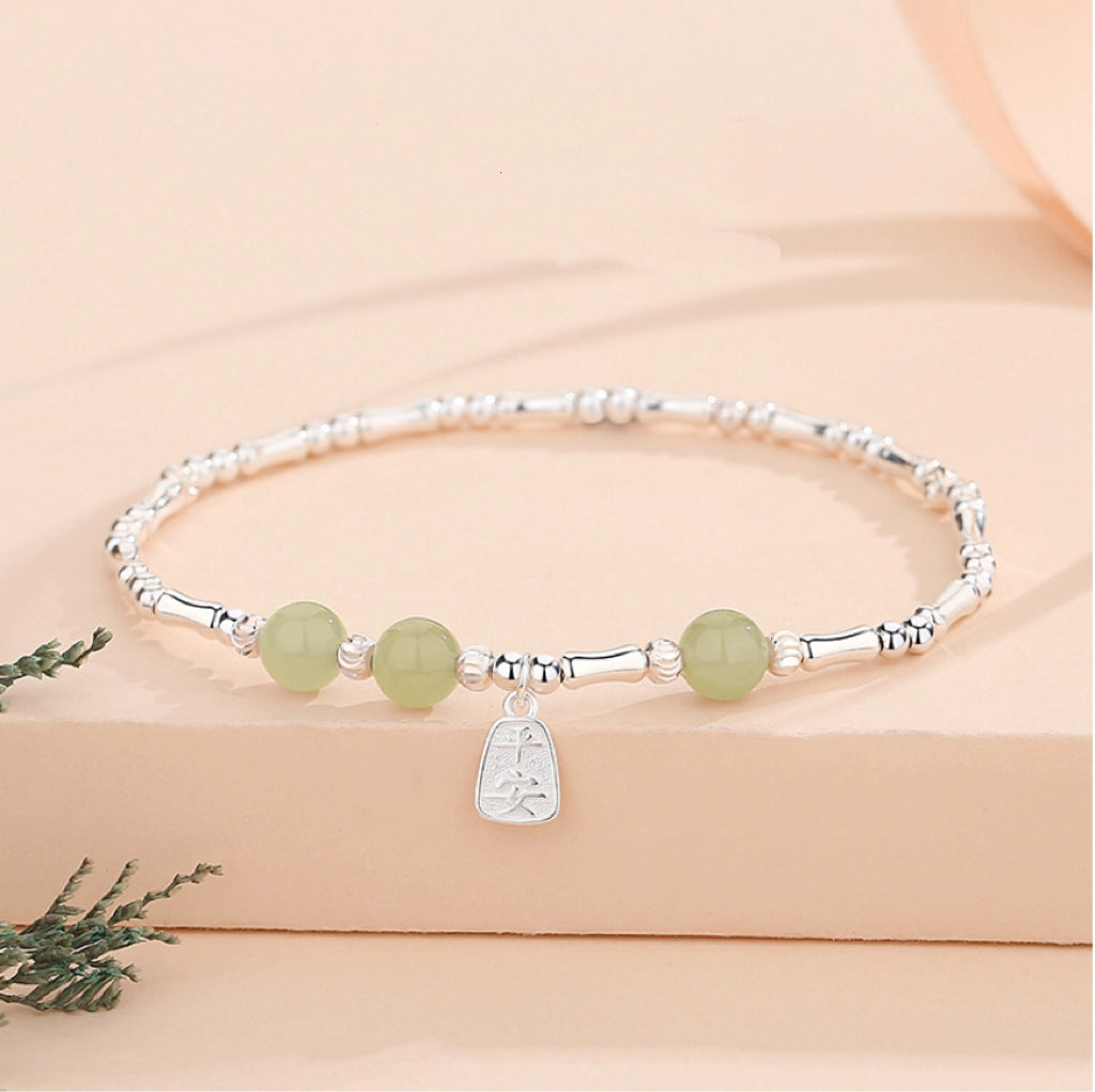Oriental Treasure Dainty Bamboo Bracelet Natural Hetian Jade Bracelet Protection 925 Sterling Silver