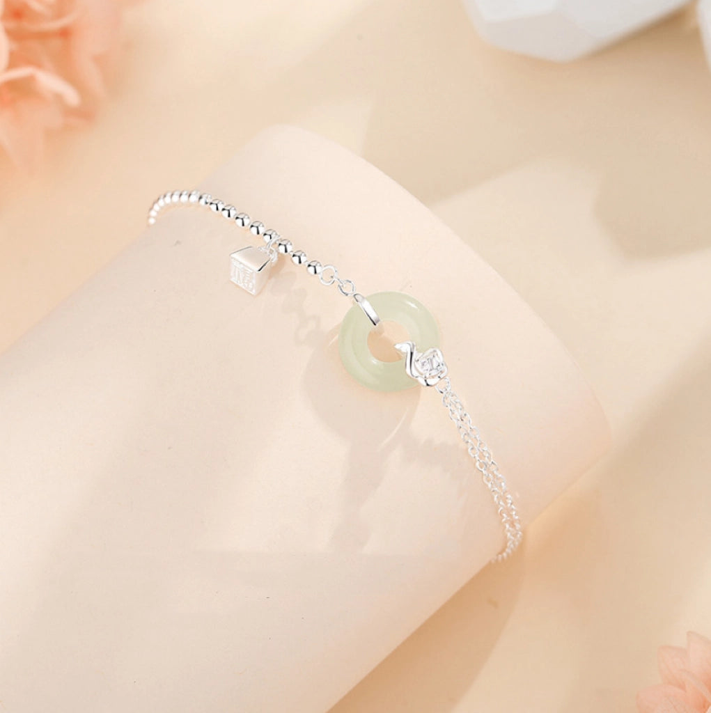 Bracelet de Nœud de Paix Trésor Oriental Agate Hetian Jade Bracelet Réglable en Corde en Argent Sterling 925