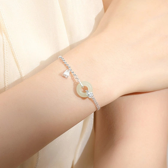 Bracelet de Nœud de Paix Trésor Oriental Agate Hetian Jade Bracelet Réglable en Corde en Argent Sterling 925