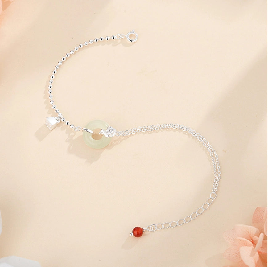 Bracelet de Nœud de Paix Trésor Oriental Agate Hetian Jade Bracelet Réglable en Corde en Argent Sterling 925