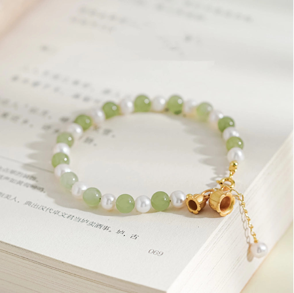 Oriental Treasure Purity Lily of the Valley Bracelet Natural Hetian Jade Bracelet Pearl Bracelet Filial Love Adjustable Silver Rope